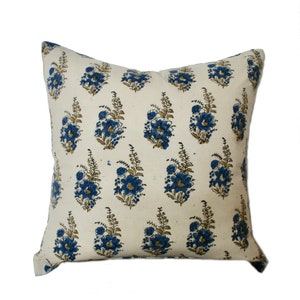 22x22  Indigo Tan Blue Hand Block Floral Print Pillow | Indigo Pillow | Modern Pillow | Farmhouse Floral Decor | Eclectic Home Decor