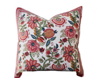 Hand Block Print Floral Pillow Cover: Bohemian Rose Garden Decor
