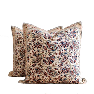 Pair 20x20 - 18x18 Tan Floral Block Print Pillow | Blue Block Print Pillow | Moody Fall Pillow | Farmhouse Pillow | Vintage Kalamkari Pillow