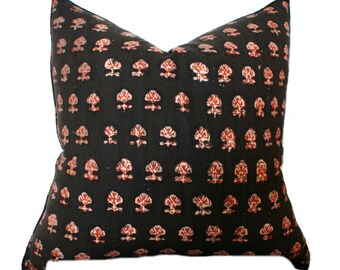 Block Print Pillow Cover: Black Floral Indian Pillow Sham
