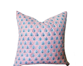 Hand Block Print Floral Pillow Cover: Pink & Blue Boho Decor