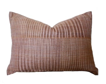 Hand Woven Lumbar Hmong Pillow: Tan Brown Vintage French Grain Sack Cushion Cover, 14x20 Neutral Decor, French Country