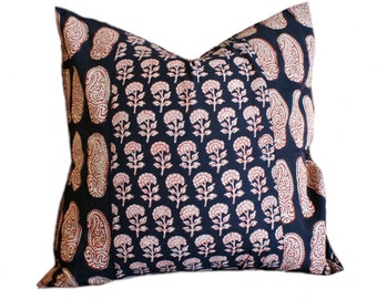 Black Floral Pillow Cover Pair: Block Print, Silk Linen