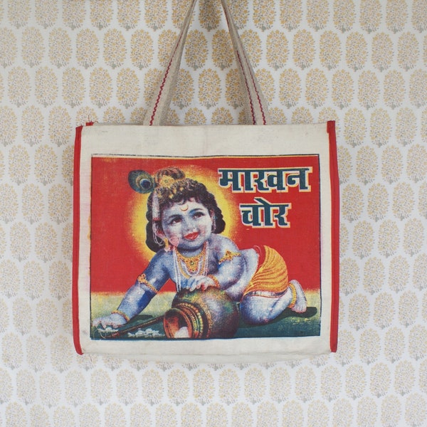 Authentic India Super Strong Cotton Canvas Tote Beach, Shopping, Grocery, Market Bag Extra Large Lord Krishna Print