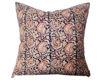 20x20 | 22x22 Black Hand Block Pillow | Botanical Pillow | Black Floral Pillow | Farmhouse Pillow | Kalamkari Pillow | Flower Pillow Decor