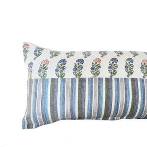 14x36 Vintage Kalamkari Hand Block Pillow | Blue White Stripes Kantha Lumbar Pillow | Neutral Decor Pillow | Pastel Decor | Eclectic Decor