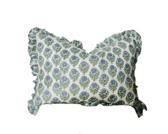 14x20 Lumbar Pillow, Gathered Edge, Modern Accent Pillow, Mid Century, Indian Block Print, Interior Design , Frill Pillow, Ruffle Pillow