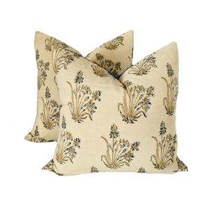 22x22 Pair Beige Blue Floral Block Print Pillow | Indigo Pillow | Farmhouse Pillow | California Relaxed Decor Pillow Cover | Throw Pillow