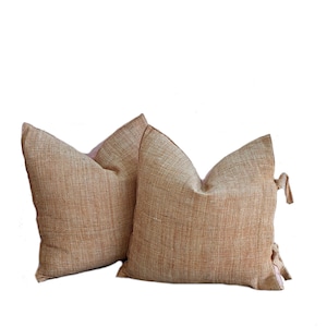 18x18 Pair Linen Pillow Cover, Hand Woven Raw Linen, Throw Pillow, Pillow Sham,Side Ties, Cushion Cover, Chiang Mai Pillow, Neutral Pillow