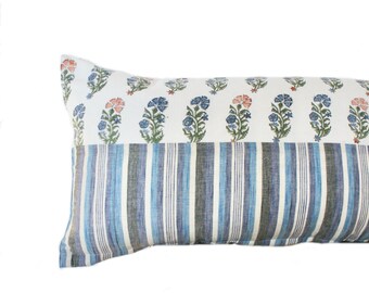 Vintage Kalamkari Lumbar Pillow: Blue Stripes Kantha, 14x36 Hand Block Print