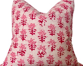 Pink Floral Hand Block Print Pillow Cover: Indian Farmhouse Decor, Batik Blocked Print, Shades of Pink