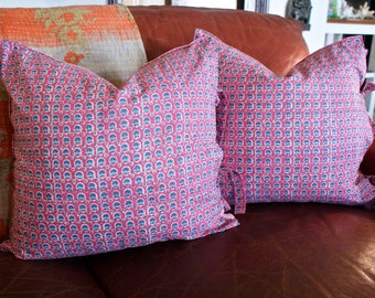 18x18 Pair Block Print Pillow, Sofa Pillow, Linen Pillow, Floral Block Print Pillow, Botanical Print Pillow, Pink Floral Pillow, Boho Pillow