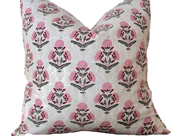 Pink Floral Hand Block Print Pillow Cover: Indian Farmhouse Decor