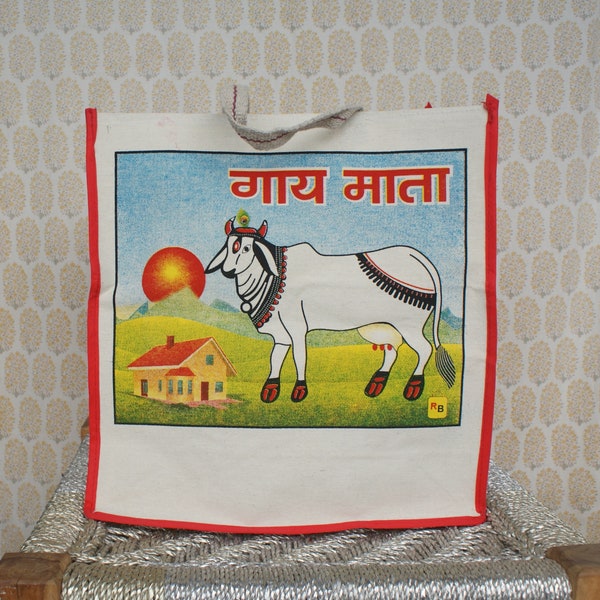 Authentic India Super Strong Cotton Canvas Tote Beach, Shopping, Grocery, Market Bag Extra Extra Large Holy Cow Print FINAL SALE