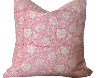 Pale Pink Floral Hand Block Print Pillow Cover: Indian Farmhouse Decor, English Country Print, Shades of Pink and White