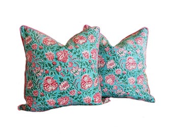 Pair Pink Floral Block Print Pillow Covers: Bohemian Farmhouse Decor (22x22")