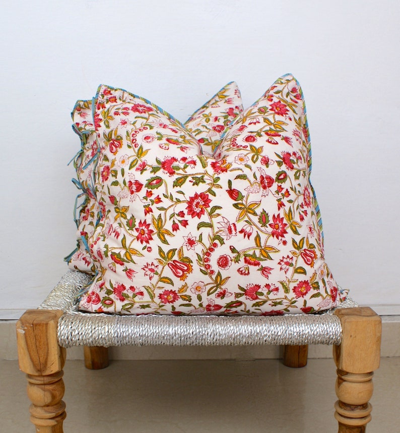 18x18 Pair Indian Hand Block Print Throw Pillows Organic Cotton Gorgeous pattern English Rose Print Side Ties Pillowcases Country Decor