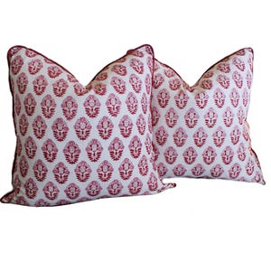Pair 22x22&quot; Welted Red Block Print Pillow Cover, Farmhouse Pillow, Country Decor, Corded Pillow, Bohemian Decor, Front Back Same Fabric 2PCS