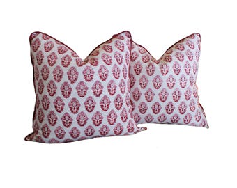 Red Block Print Pillow Cover Set: Farmhouse Bohemian Decor (22x22")
