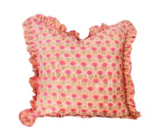 Orange & Pink Ruffle Pillow Cover Pair: Indian Block Print Accent