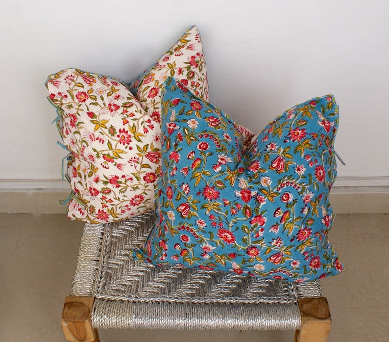 18x18 Pair Indian Hand Block Print Throw Pillows Organic Cotton Gorgeous pattern English Rose Print Side Ties Pillowcases Country Decor