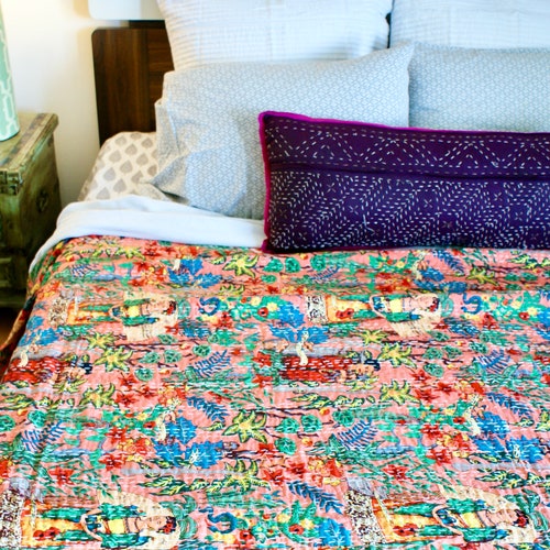 Block Print, Kantha Quilt, Indian Patchwork, Bed Cover, Handmade Bedding, Picnic Blanket, Tablecloth, shops Summer Blanket, Bedspread