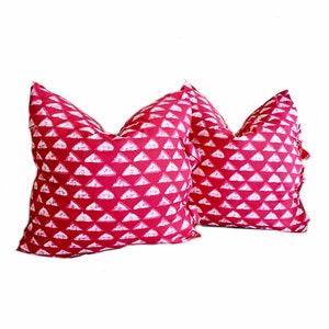 Pair Indian Block Print Throw Pillow, Red Off White Print, Cushion Cover, Pillow Cover, Bohemian, Farmhouse Decor, Mid Century Modern