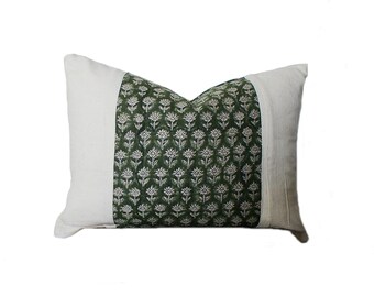 14x20 Green Block Print Linen Pillow Cover: Farmhouse Lumbar