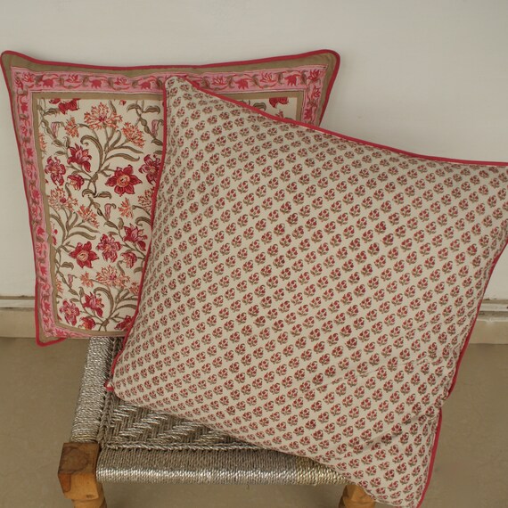 26x26 Indian Hand Block Print Cushion Cover, Dull Pink and