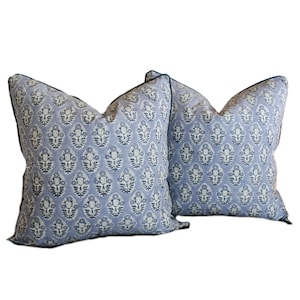 Pair 22x22&quot; Welted Grey Blue Block Print Pillow Cover, Farmhouse Country Decor Corded Pillow, Bohemian Decor, Front Back Same Fabric 2PCS