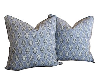 Pair Grey Blue Block Print Pillow Covers: Farmhouse Decor (22x22")
