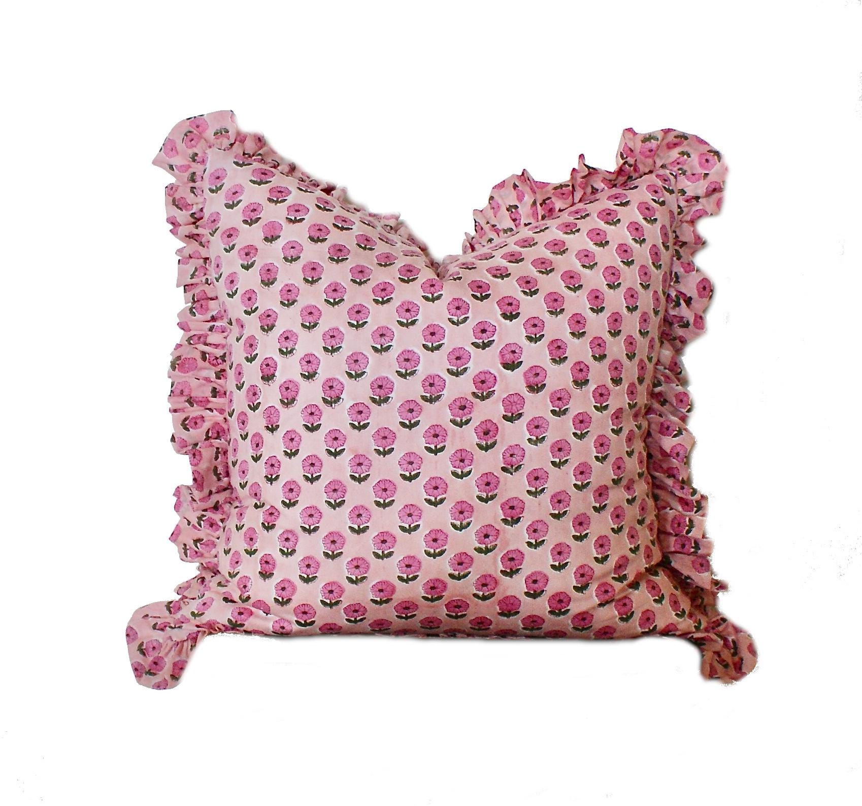 Pair Pink Ruffled Edge, Gathered Edge, Mid Century Modern Accent, Indian Block Print, Interior Design, Frilled Ruffle Pillow 2PCS Set Of Two