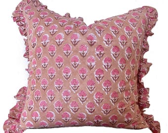 Brown and Pink Ruffle Pillow Cover Pair: Indian Block Print Accent, Gathered Edges