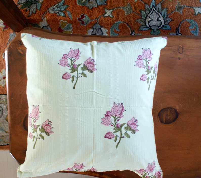 14x22-14x36-20x20-22x22 Green Pink Floral Block Print Lumbar Pillow Cover Mod Boho Pillow Farmhouse Home Decor Textured Cotton Pillow image 2