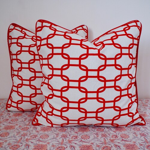 22x22 Pair Linen Pillow Cover, Red Throw Pillow, Modern Pillow, Block Print Pillow, Farmhouse Modern Pillow, Bohemian Red shops and WhitePillow