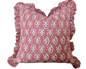 Coral Pink and White Ruffle Pillow Cover Pair: Indian Block Print Accent, Gathered Edges 22x22
