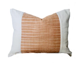 Hand Woven Lumbar Hmong Pillow: Tan Brown Vintage French Grain Sack Cushion Cover, 16x20 Neutral Decor, French Country