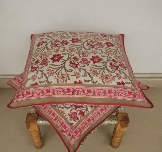26x26 Indian Hand Block Print Cushion Cover, Dull Pink and