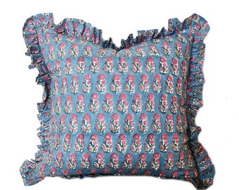 Ruffled Pillow Pair: Blue & Pink Indian Block Print Accent