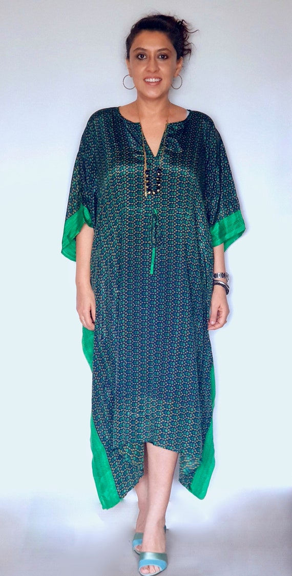Mulberry Silk Kaftan: Green & Blue Maxi Lounge Dress