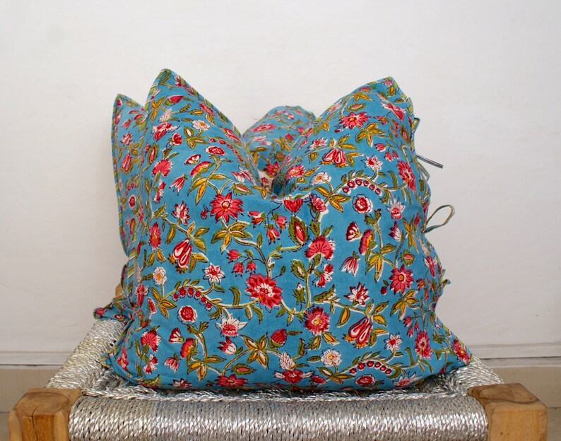 18x18 Pair Indian Hand Block Print Throw Pillows Organic Cotton Gorgeous pattern English Rose Print Side Ties Pillowcases Country Decor
