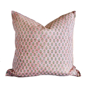 Pink Floral Block Print Pillow Cover, Botanical Pillow, Mid Century Modern Pillow, Farmhouse Design, Eclectic Home Decor, California Decor