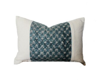 Smokey Blue Block Print Linen Pillow Cover: Farmhouse Lumbar