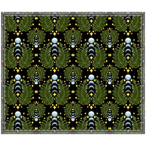May include: A decorative square textile with a repeating pattern of green fern fronds, white moon phases, and yellow diamond-shaped stars on a black background. The textile has a gray border.
