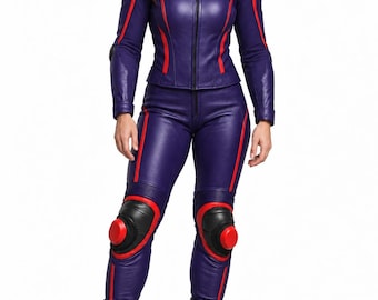 Traje de motociclista de cuero morado para mujer, conjunto de dos piezas para montar en moto
