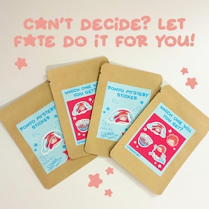May include: Four brown paper pouches with "Ponyo Mystery Sticker" and "Which one will you get?" text. Each pouch features a different sticker design with a cartoon character. Pink stars and text "Can't decide? Let fate do it for you!" are also present.