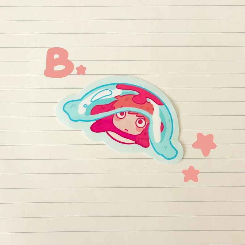 May include: A sticker featuring a cartoon character with red hair and a pink outfit, partially submerged in blue water. The sticker has a white border and is on a lined paper background. Pink stars and the letter "B" are also visible.