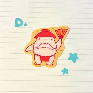 May include: A sticker featuring a cartoon character with a red hat and loincloth, holding a fan. The character has a white mustache and is set against a yellow background. The letter "D" and two blue stars are also visible.