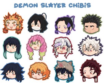 May include: A sticker sheet featuring twelve chibi-style character heads from Demon Slayer. The text DEMON SLAYER CHIBIS is printed at the top in blue. Each character has distinct hair colors and styles, including flame, pink, and black hair designs.