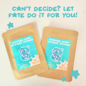 May include: Two brown paper pouches with teal stickers that read "Spirited Away Mystery Sticker." The stickers feature a blue and purple dragon design. Text above reads "Can't decide? Let fate do it for you!" and "Made by Lynaix. To collect."